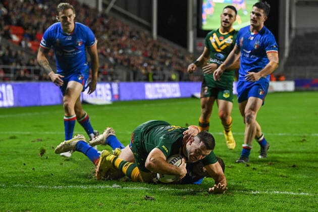 October 29, 2022, London, England, United Kingdom: James Tedesco of Australia goes over for a try during the Rugby League World Cup 2021 match Australia vs Italy at Totally Wicked Stadium, St Helens, United Kingdom, 29th October 2022. London United Kingdom - ZUMAn307 20221029_zsa_n307_1063 Copyright: xCraigxThomas NewsxImagesx