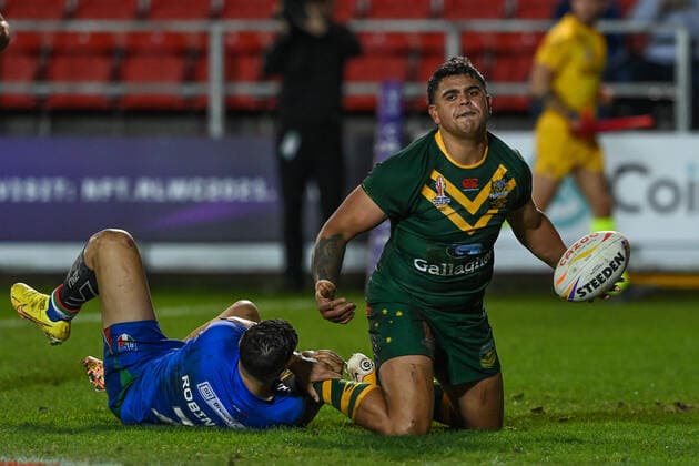 October 29, 2022, London, England, United Kingdom: Latrell Mitchell of Australia celebrates his try during the Rugby League World Cup 2021 match Australia vs Italy at Totally Wicked Stadium, St Helens, United Kingdom, 29th October 2022. London United Kingdom - ZUMAn307 20221029_zsa_n307_1095 Copyright: xCraigxThomas NewsxImagesx
