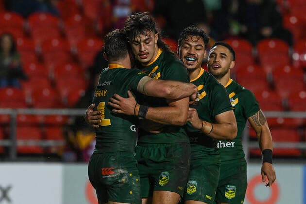October 29, 2022, London, England, United Kingdom: Cameron Murray of Australia celebrates his try during the Rugby League World Cup 2021 match Australia vs Italy at Totally Wicked Stadium, St Helens, United Kingdom, 29th October 2022. London United Kingdom - ZUMAn307 20221029_zsa_n307_1218 Copyright: xCraigxThomas NewsxImagesx