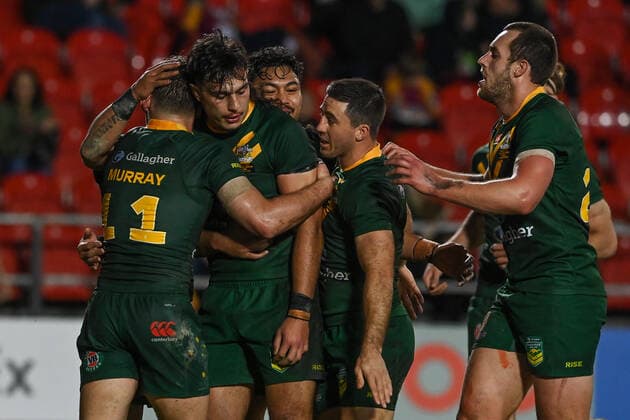 October 29, 2022, London, England, United Kingdom: Cameron Murray of Australia celebrates his try during the Rugby League World Cup 2021 match Australia vs Italy at Totally Wicked Stadium, St Helens, United Kingdom, 29th October 2022. London United Kingdom - ZUMAn307 20221029_zsa_n307_1222 Copyright: xCraigxThomas NewsxImagesx