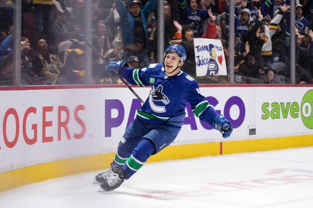 November 3, 2022, VANCOUVER, BC, CANADA: Vancouver Canucks Andrei Kuzmenko (96) celebrates his third goal against the Anaheim Ducks during the third period of an NHL, Eishockey Herren, USA hockey game in Vancouver on Thursday, November 3, 2022. Canada News - November 3, 2022  - ZUMAc35_ 20221103_zaf_c35_165 Copyright: xBenxNelmsx