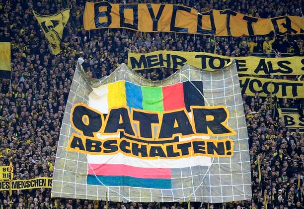 05 11 2022, Dortmund, Germany, Signal Iduna Park, BV Borussia Dortmund vs VfL Bochum 1 Bundesliga, Fans Borussia Dortmund with banner Qatar shut down Photo Ralf Treese DFB DFL REGULATES PROHIBIT ANY USE OF PHOTOGRAPHS AS IMAGE SEQUENCES AND OR QUASI VIDEO Dortmund Signal Iduna Park North Rhine Westphalia Germany  521_BVBBOC20221105_027 Treese-521