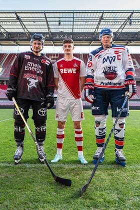 Press appointment at the RheinEnergieSTADION Cologne to the Wintergame on 03 12 2022 Kölner Haie vs Adler Mannheim Maximilian Kammerer Cologne , left Eric Martel 1 FC Cologne , center Denis Reul Mannheim , right According to the specifications of the DEL German Ice Hockey League, the publication and further use of the recordings in electronic media and terminals of any kind during the ongoing game is not allowed xDMx