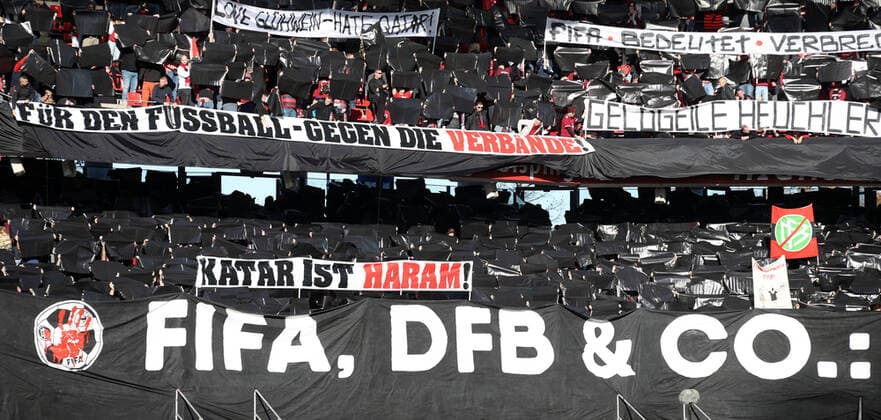 13 11 2022 football season 2022 2023 2 football Bundesliga 17 matchday 1 FC Nürnberg FCN Club SC Paderborn 07 SCP Sportfoto Zink DaMa DFL regulations prohibit any use of photographs as image sequences and or quasi video only for editorial use symbol picture symbol photo feature impression choreography of clubfan clubfans FCN fans fans with numerous banner banners banners boycott Qatar boycott Qatar 2022 against world cup Qatar DFB FIFA