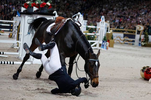 STOCKHOLM 20221127 Stephanie HolmÃ n falls off Flip s Little Sparrow during the Grand Prix jumping during the Sweden International Horse Show at the Friends Arena in Solna in the south Stockholm SWEDEN x10430x,  Copyright: xChristinexOlsson TTx SWEDEN INTERNATIONAL HORSE SHOW 2022
