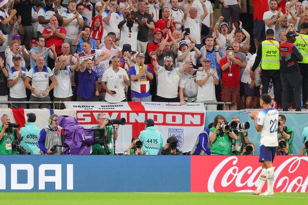 Jude Bellingham of England celebrates with fans after defeating Wales 3-0 during the FIFA World Cup, WM, Weltmeisterschaft, Fussball Qatar 2022 Group B match between Wales and England at Ahmad Bin Ali Stadium, Ar-Rayyan, Qatar on 29 November 2022. Copyright: xPeterxDovganx 34550077