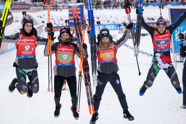 Rebecca Passler, Dorothea Wierer, Samuela Comola and Lisa Vittozzi ITA Austria, Hochfilzen, 11 12 2022, Biathlon, IBU World Cup Hochfilzen, 2022 2023, , Women 4x6km Relay, Biathlon and Cross Country Skiing Center Foto A2 Bildagentur Peter Hartenfelser