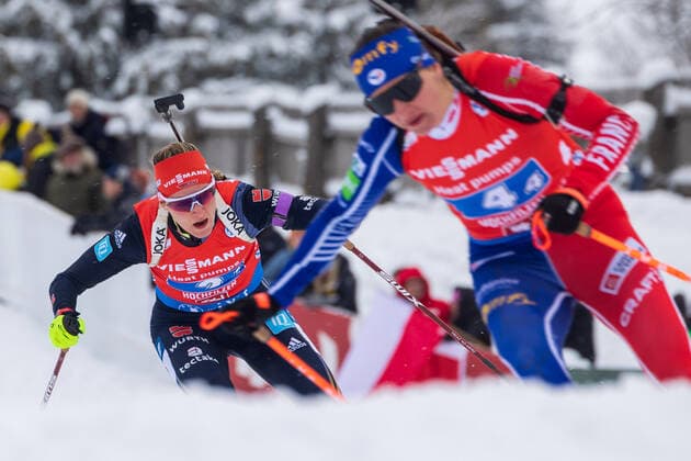 Unattainable Julia SIMON FRA ahead of Denise HERRMANN WICK GER, WSC Erzgebirge Oberwiesenthal Biathlon, 4 x 7.5 km relay womens biathlon IBU World Cup, 2022 2023 season, on 11 12 2022, in Hochfilzen, Austria Source Copyright Credit Oryk HAIST xBIATHLONx