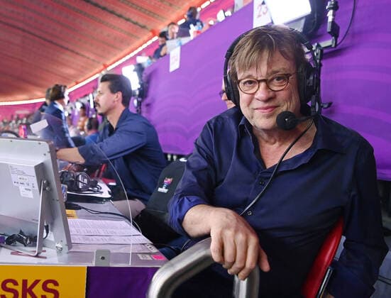 FOOTBALL World Cup 2022 semifinals France Morocco 14 12 2022 ZDF football commentator Bela Rethy commentates on the media tribune of the AL BAyt Stadium on his 66th birthday his last game and then retires, co-commentator Sandro Wagner behind