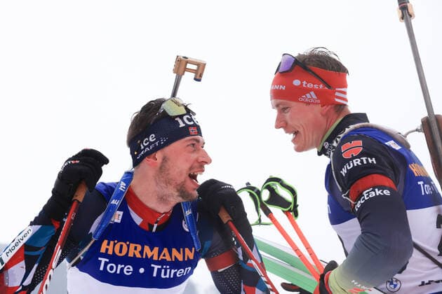 221215 Sturla Holm Laegreid of Norway and Benedikt Doll of Germany after mens biathlon 10 km sprint during the IBU World Cup on December 15, 2022 in Annecy Le Grand Bornand Photo Christian Manzoni Nordic Focus BILDBYRAN biathlon biathlon biathlon bbeng,  Copyright: CHRISTIANxMANZONI BB221215BB988