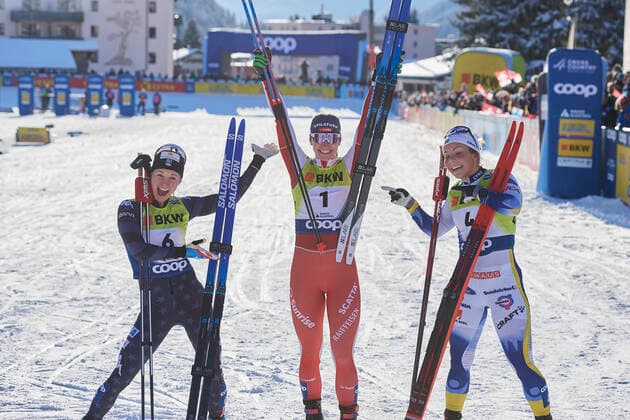 FIS Cross Country World Cup Davos Nordic 2022 Sprint Free, Davos, Switzerland Davos, Switzerland, December 17, 2022 The winners from left to right Jessie Diggins, Nadine Faehndrich, Johanna Hagstroem during the sprint race at the FIS Cross Country World Cup Davos Nordic 2022 in Davos, Switzerland.