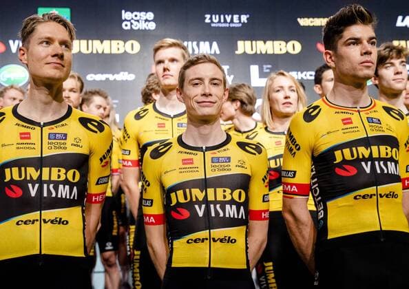 AMSTERDAM Wilco Kelderman, Jonas Vingegaard and Wout van Aert VLNR during the team presentation of the Team Jumbo Visma 2023 cycling teams ANP SEM VAN DER WAL xVIxANPxSportx xxANPxIVx 459776953 originalFilename: 459776953.jpg