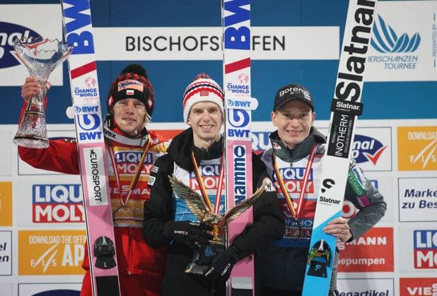 Bischofshofen, Austria, 06 January 2023 71 international Four Hills Tournament, ski jumping, men, World Cup, Bischofshofen, Epiphany Jumping, Paul Ausserleitner hill competition The overall winners, 1 GRANERUD Halvor Egner NOR , 2 KUBACKI Dawid POL , 3 LANISEK Anze SLO , winners podium