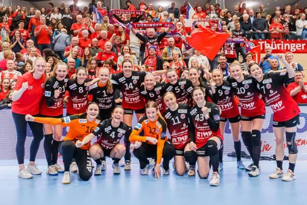 Winning photo Thueringer HC with the fans cheering, celebration fans, audience, spectators, atmosphere, 1 7 2023, Bad Langensalza Germany , Handball, EHF European League Women, Thueringer HC Paris 92 xprx