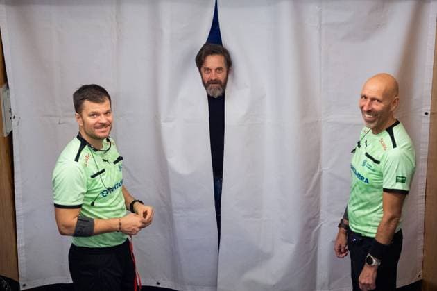 230114 Referee Glenn Boström, Hakan Söderman and Helsingborgs security officer Magnus Hedström before the floorball match in the mens SSL between Helsingborg and Falun on January 14, 2023 in Helsingborg,  Copyright: AVDOxBILKANOVIC BB230114AB132