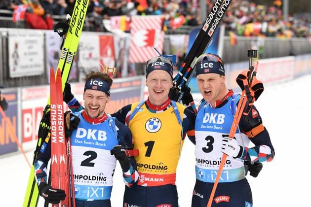 Biathlon winner photo with LAEGREID Sturla Holm NOR , BOE Johannes Thingnes NOR and CHRISTIANSEN Vetle Sjaastad NOR during the 15 km mass start of the men at the BMW IBU World Cup Biathlon in Ruhpolding on 15 01 2023, Germany, Upper Bavaria Ruhpolding Chiemgau Arena Upper Bavaria Germany