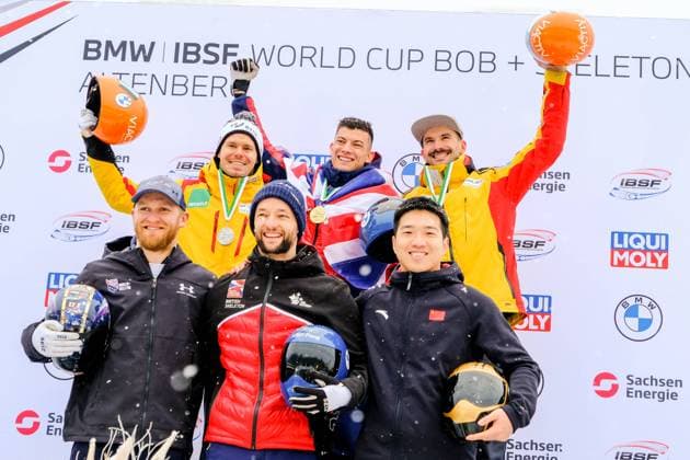 IBSF World Cup Bob Skeleton in Altenberg on 20 01 2023 Skeleton Men Award Ceremony 1 place Matt Weston GBR , 2 place Christopher Grotheer GER , 3 place Axel Jungk GER , 4 place Austin Florian USA , 5 place Marcus Wyatt GBR , 6 place Wenhao Chen CHN