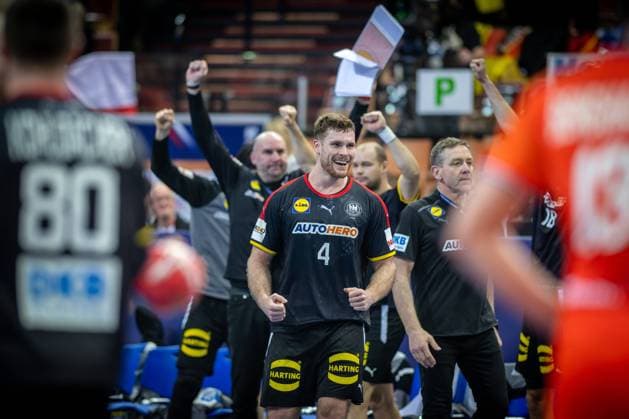 Handball Katowice 21 01 2023 World Championship Handball World Cup Men Main Round Netherlands NED Germany GER Cheering Germany after victory Johannes Golla Germany, No 04 and others