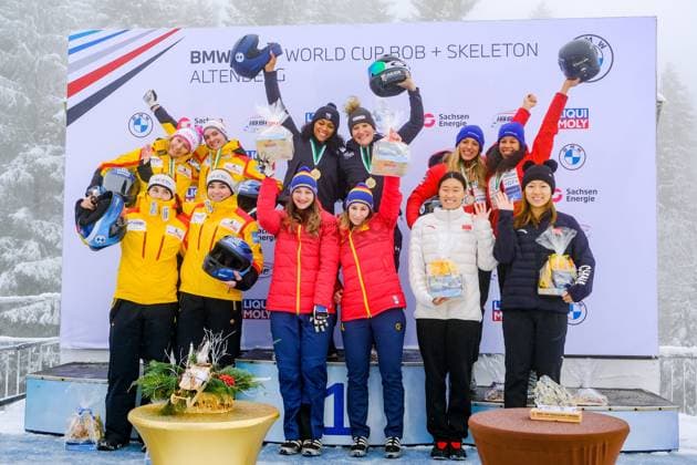 IBSF World Cup Bob Skeleton in Altenberg on 21 01 2023 Two-man bobsleigh women award ceremony 1 place team Kaillie Humphries, 2 place team Laura Nolte GER , 3 place team Melanie Hasler SUI , 4 place team Kim Kalicki GER , 5 place team Andreea Grecu, 6 place team Qing Ying CHN