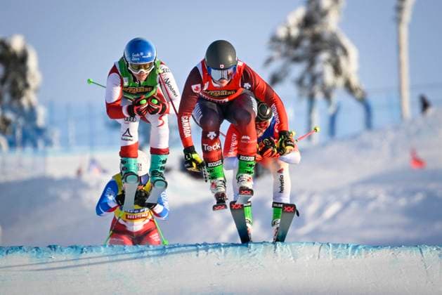 Canada s Tiana Gairns red , Austria s Sonja Gigler green , France s Marielle Berger Sabbatel yellow and Switzerland s Sixtine Cousin blue in action during the women s Ski Cross Small final of the FIS Freestyle Skiing World Cup in Idre, Sweden, on Jan 22, 2023 IDRE SWEDEN ALPINE SKIING x10040x,  Copyright: xAndersxWiklund TTx SWEDEN FIS SKI CROSS WORLD CUP
