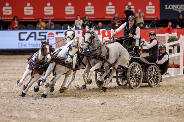 LEIPZIG Partner Horse 2023, LEIPZIG Partner Horse 2023 CHARDON Ijsbrand NED , Casper, Feles, Conversano Carlos, Favory Fantom jump-off Drive Off FEI Driving World Cupâ ¢ Opening class for the FEI World Cup comp Four in hand driving time obstacle comp with drive off, international Leipzig, Messe 22 January 2023