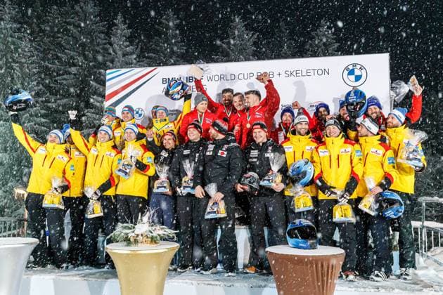 Award Ceremony 4 seater Bobsleigh top from left Team Friedrich GER, Germany , Team Hall GBR, Great Britain , Team Vogt SUI, Switzerland bottom from left Team Lochner GER, Germany , Team Treichl AUT, Austria , Team Hafer GER, Germany , 1 22 2023, Altenberg Germany , BMW IBSF World Cup Bobsleigh and Skeleton Altenberg xprx