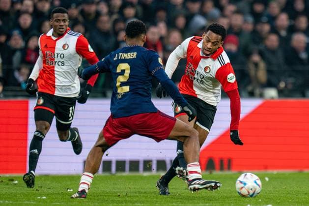 ROTTERDAM, 22-01-2023, Stadium Feijenoord de Kuip, Dutch football, Eredivisie , Season 2022 2023, Feyenoord - Ajax , Feyenoord midfielder Quinten Timber (r) Ajax player Jurrien Timber (l) Feyenoord - Ajax  x19698687x Copyright: