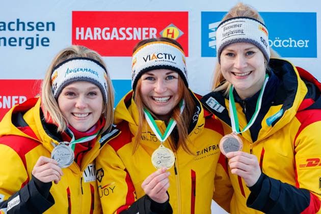 Award Ceremony, Award Ceremony Single Seater Women from left Anna Berreiter GER, Germany , Julia Taubitz GER, Germany , Dajana Eitberger GER, Germany , 2 4 2023, Altenberg Germany , Eberspaecher Luge World Cup Altenberg xprx