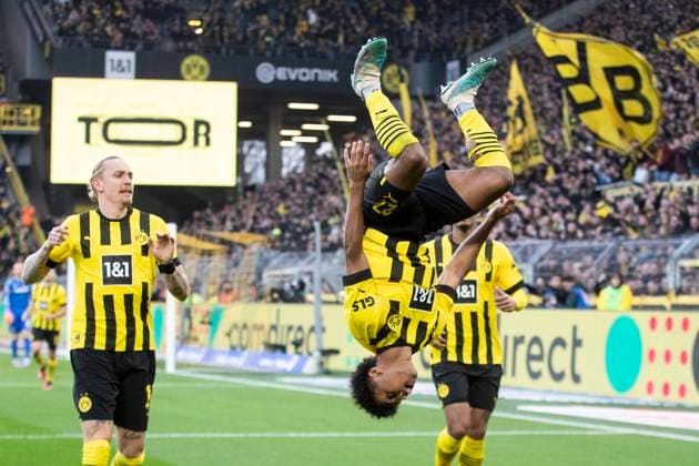Soccer 1 Bundesliga, season 2022 2023, 19 match day, Borussia Dortmund SC Freiburg on 04 02 2023 in Dortmund North Rhine Westphalia Dortmunds Karim Adeyemi celebrates his goal to 2 1 IMPORTANT NOTE According to the requirements of the DFL German Football League and the DFB German Football Association is prohibited in the stadium and or from the game made photographs in the form of sequence images and or video-like photo series to exploit or exploit to let Copyright: xKirchner MarcoxSteinbrennerx