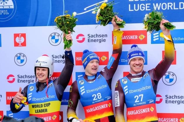 Eberspächer Luge World Cup in Altenberg on 05 02 2023 2 run men Dominik Fischnaller ITA , Max Langenhan GER , Felix Loch GER v l