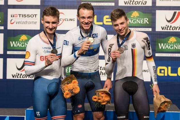 European Track Cycling Championships 2023 10 02 2023 Podium individual pursuit men Gold Jonathan MILAN Italy Silver Daniel BIGHAM Great Britain Bronze Tobias BUCK GRAMCKO Germany European Track Cycling Championships 2023 in Grenchen, Switzerland, on Friday, February 10, 2023 Copyright: xBEAUTIFULxSPORTS OlafxRellischx