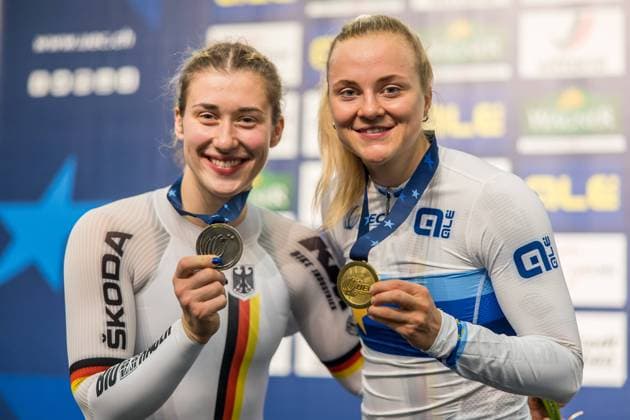 European Track Cycling Championships 2023 10 02 2023 Pauline Sophie GRABOSCH Germany , left, wins silver and Lea Sophie FRIEDRICH Germany wins gold in the womens sprint at the European Track Cycling Championships 2023 in Grenchen, Switzerland, on Friday, February 10, 2023 Copyright: xBEAUTIFULxSPORTS OlafxRellischx