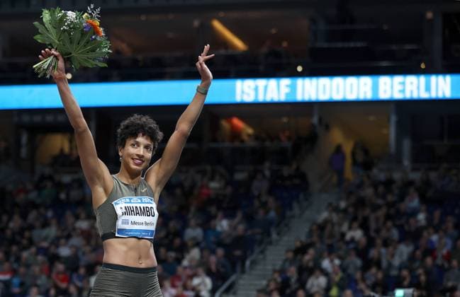 230210 Germany?s Malaika Mihambo celebrates after winning the Women s Long Jump during the athletics gala ISTAF Berlin on February 10, 2023 in Berlin Photo Ronny Hartmann BILDBYRAN kod XY XY0004 friidrott athletics friidrett diamond league bbeng Istaf Berlin,  Copyright: RonnyxHartmann BB230210ZM019