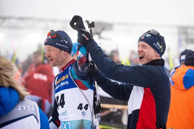 230211 Tarjei Bo of Norway and Johannes Thingnes Boe of Norway celebrate after Men s Sprint during the IBU Biathlon World Championships on February 11, 2023 in Oberhof Photo Mathias Bergeld BILDBYRAN code MB MB0540 biathlon biathlon biathlon biathlon biathlon world championships biathlon world championships day 4 bbeng sprint but s sprint jubilation,  Copyright: MATHIASxBERGELD BB230211MB097