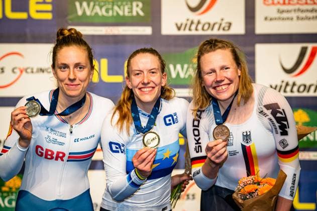 Franziska BRAUSSE Award Ceremony Women 3 000 Meters Individual Pursuit Award Ceremony BRAUSSE Franziska Germany wins Women 3 000 Meters Individual Pursuit Final European Champion Gold ahead of KNIGHT Josie Great Britain and KRÖGER Mieke Germany at the UEC Track Cycling European Championships on February 11, 2023 The UEC Track Cycling European Championships 2023 is the thirteenth edition of the UEC Track Cycling Elite European Championships and will take place at the Tissot Velodrome in Grenchen, Switzerland, European Track cycling, cycling, cycling, track cycling, track championships 2023, switzerland,