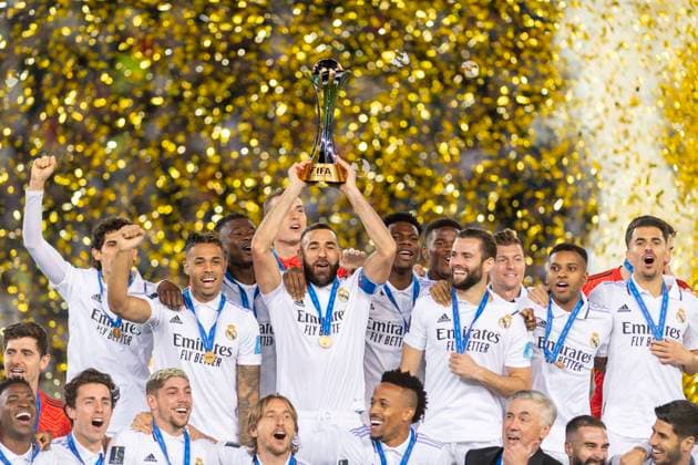 FIFA Club World Cup final soccer match Real Madrid vs Al Hilal at Moulay Abdellah Stadium, Rabat, Morocco 11 February 2023 Real Madrid Team celebrates win 900 Cordon Press  900 CordonxPress LOF - Real Madrid vs Al Hilal