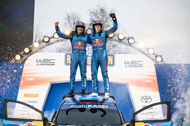 230212 Ott Tänak of Estonia with co driver Martin Järveoja of Estonia, M sport Ford World Rally Team, celebrate after winning WRC during Rally Sweden on February 12, 2023 in Umea Photo Fredrik Karlsson BILDBYRAN COP 185 FK0211 motorsport motor rally sweden day 4 bbeng jubel,  Copyright: FREDRIKxKARLSSON BB230212FK002