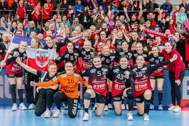 Jubilation, celebration at Thueringer HC about the victory and the group win Winner photo in front of the fan club Rote Wand , 2 12 2023, Nordhausen Germany , Handball, EHF European League Women, Thueringer HC Praktiker Vac xprx