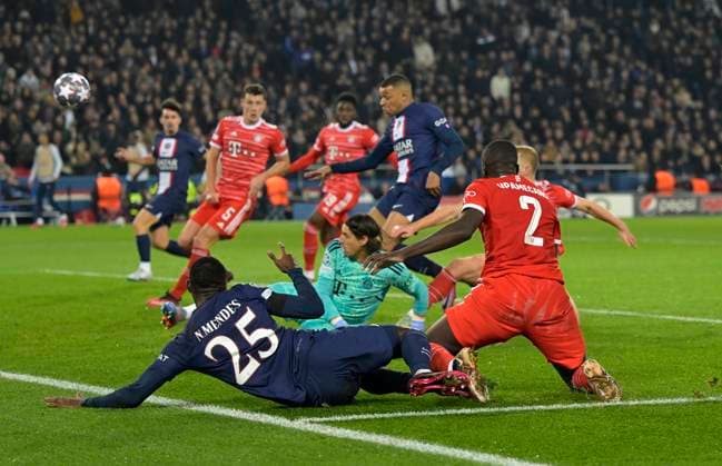 14 02 2023, Football UEFA Championsleague 2022 2023 Round of 16, Paris St Germain FC Bayern Munich, at Parc des Princes stadium in Paris France , 1 1 by Kylian Mbappe FC Paris Saint Germain is disallowed for offside