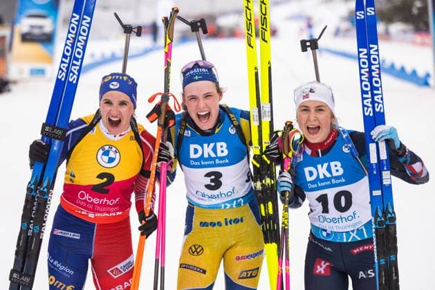 230219 Bronze medalist Julia Simon of France, Gold medalist Hanna Öberg of Sweden and Silver medalist Ingrid Landmark Tandrevold of Norway celebrates after Womens 12.5 km Mass Start during the IBU Biathlon World Championships on February 19, 2023 in Oberhof Photo Mathias Bergeld BILDBYRAN kod MB MB0560 biathlon biathlon biathlon biathlon world championships ibu world championships biathlon world championships day 12 bbeng women women women mass start mass start jubel gold norway sweden,  Copyright: MATHIASxBERGELD BB230219MB147