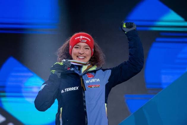 Vice World Champion Nathalie Armbruster Germany cheers on the podium over the silver medal in Nordic Combined, SLO, FIS Nordic World Ski Championships Planica 2023, World Championships Award Ceremony Kranjska Gora, 24 02 2023, Season 2022 2023 SLO, FIS Nordic World Ski Championships Planica 2023, World Championships Award Ceremony Kranjska Gora, 24 02 2023, Season 2022 2023 Planica Copyright: xEibner Memmlerx EP_MMR