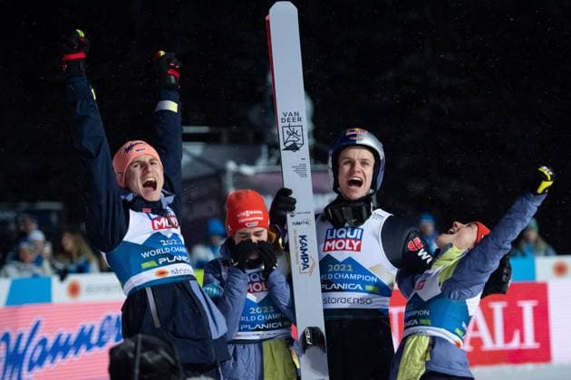 World champion Karl Geiger Germany , Selina Freitag Germany , Andreas Wellinger Germany , Katharina Althaus Germany jubilate over victory at the finish line, SLO, FIS Nordic World Ski Championships Planica 2023, World Ski Jumping Championships Mixed Team HS102 Normal Hill, 26 02 2023, Season 2022 2023 SLO, FIS Nordic World Ski Championships Planica 2023, 26 02 2023, Season 2022 2023 Planica Copyright: xEibner Memmlerx EP_MMR