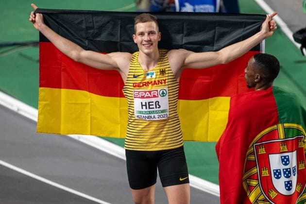 European Athletics Indoor Championships 2023 03 03 2023 ISTANBUL, TURKEY MARCH 03 Max HESS GER , dob 13 07 1996, local club LAC Erdgas Chemnitz celebrating his bronce metal n the mens triple jump competition on day 2 of the European Athletics Indoor Championships 2023 at Ataköy Arena, Remzi Kazanc gil Bulvar , Olimpiyat Evi yan , 4 5 K s m Bak rköy of Istanbul on 03 3 2023 in Istanbul Turkey Copyright: xBEAUTIFULxSPORTS OliverxKremerx