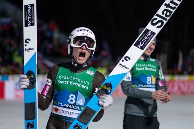 World Champion Anze Lanisek Slovenia celebrates victory, behind him Timi Zajc Slovenia , SLO, FIS Nordic World Ski Championships Planica 2023, World Ski Jumping Championships Men, Large Hill HS138 large hill team competition, 04 03 2023, season 2022 2023 SLO, FIS Nordic World Ski Championships Planica 2023, 04 03 2023, season 2022 2023 Planica Copyright: xEibner Memmlerx EP_MMR