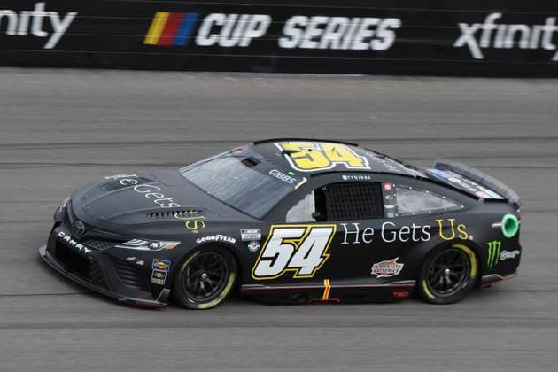 LAS VEGAS, NV - MARCH 04: Ty Gibbs ( 54 Joe Gibbs Racing He Gets us Toyota) drives through turn four during practice for the NASCAR, Motorsport, USA Cup Series Pennzoil 400 presented by Jiffy Lube on March 4, 2023, at Las Vegas Motor Speedway in Las Vegas, Nevada. (Photo by Michael Allio Icon Sportswire) AUTO: MAR 04 NASCAR Cup Series Pennzoil 400 presented by Jiffy Lube Icon116230304040