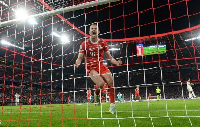 Football, men, season 2022 2023, Champions League Round of 16, second leg , FC Bayern Munich Paris Saint Germain, Matthijs de Ligt FC Bayern Munich , cheering after rescue, 08 03 2023, Copyright: xMatthiasxKochx