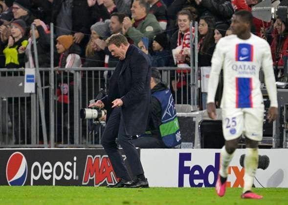08 03 2023, football UEFA Champions League 2022 2023 round of 16 second leg, FC Bayern Munich Paris St Germain, at Allianz Arena Munich cheering coach Julian Nagelsmann Bayern Munich to score 1 0
