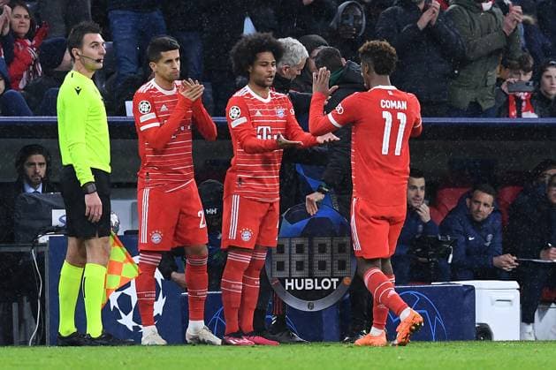 Soccer Champions League Round of 16 FC Bayern Munich Paris Saint Germain on 08 03 2023 at the Allianz Arena in Munich Joao Cancelo Munich , left Serge Gnabry Munich , center Kingsley Coman Munich , right xRx