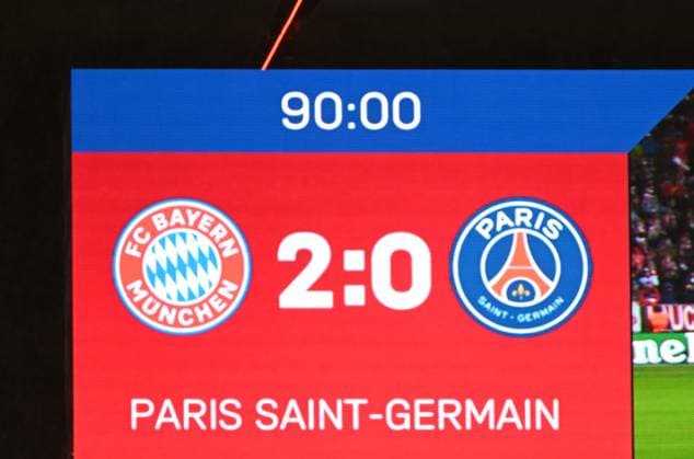 Football, men, season 2022 2023, Champions League Round of 16, second leg , FC Bayern Munich Paris Saint Germain, scoreboard with 2 0 final score, 08 03 2023, Copyright: xMatthiasxKochx
