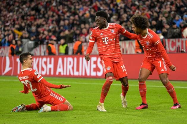Soccer, UEFA Champions League, Round of 16, 20230308, FC Bayern Munich FC Paris St Germain In the picture Joao CANCELO FC Bayern Munich, 22 , Alphonso DAVIES FC Bayern Munich, 19 and Serge GNABRY FC Bayern Munich, 7 goal celebrations cheers goal 2 0 Munich Allianz Arena Bayern Germany Copyright: Passion2Press MarkusxFischerx